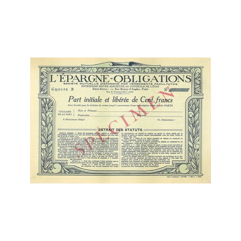 L'Epargne -Obligations (specimen)