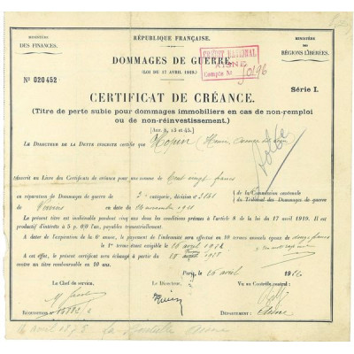 Dommages de Guerre (Titre de perte subie pour dommages immobiliers en cas de non-remploi ou de non-réinvestissement)