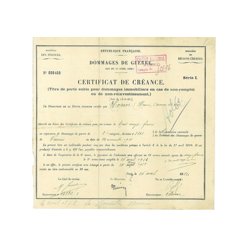 Dommages de Guerre (Titre de perte subie pour dommages immobiliers en cas de non-remploi ou de non-réinvestissement)