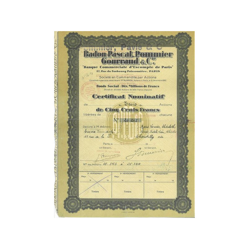 Badon-Pascal Pommier Gourraud & Cie - Banque Commerciale d'Escompte de Paris