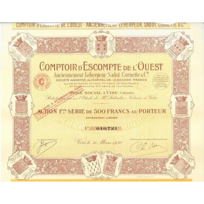 Comptoir d'Escompte de l'Ouest - Anc Leherpeur Sadot Cornette & Cie (Act 1ère série 500 F)
