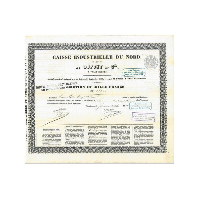 Caisse Industrielle du Nord L. Dupont & Cie à Valenciennes (Banque Dupont)(1852)
