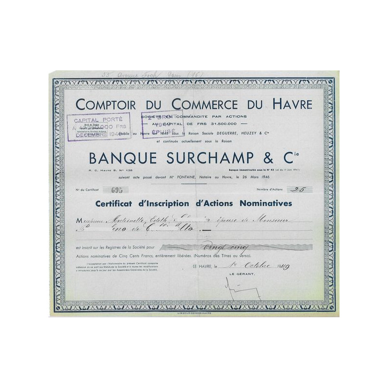 Comptoir du Commerce du Havre - Banque Surchamp & Cie (1949)