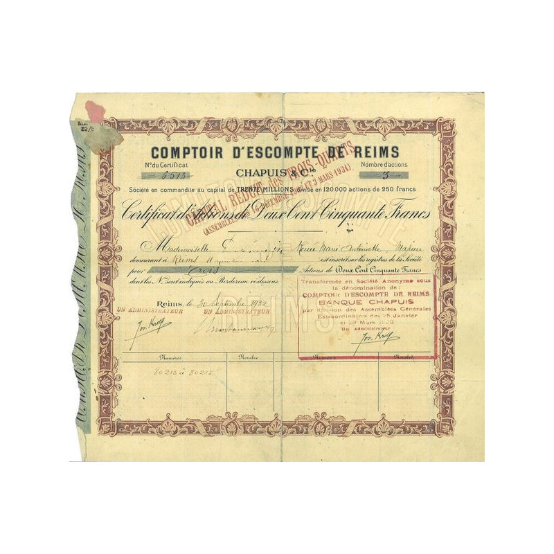 Comptoir d'Escompte de Reims - Chapuis & Cie (certif)