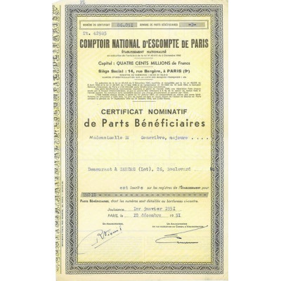 Comptoir National d'Escompte de Paris (Certif PB)
