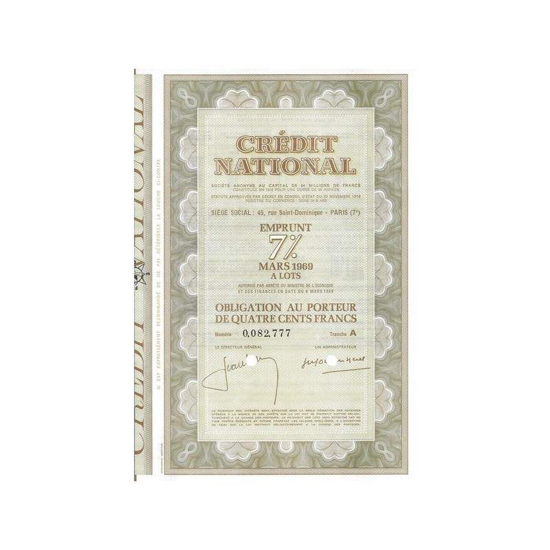 Crédit National - Emprunt 7 % Mars 1969 à lots - Tranche A