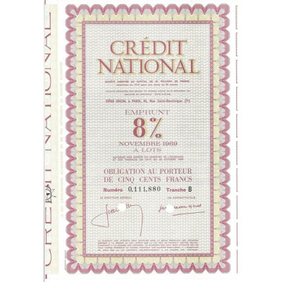 Crédit National - Emprunt 8 % Novembre 1969 à lots - Tranche B