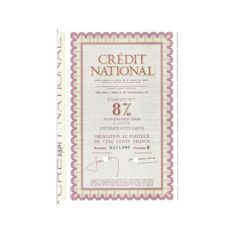 Crédit National - Emprunt 8 % Novembre 1969 à lots - Tranche B