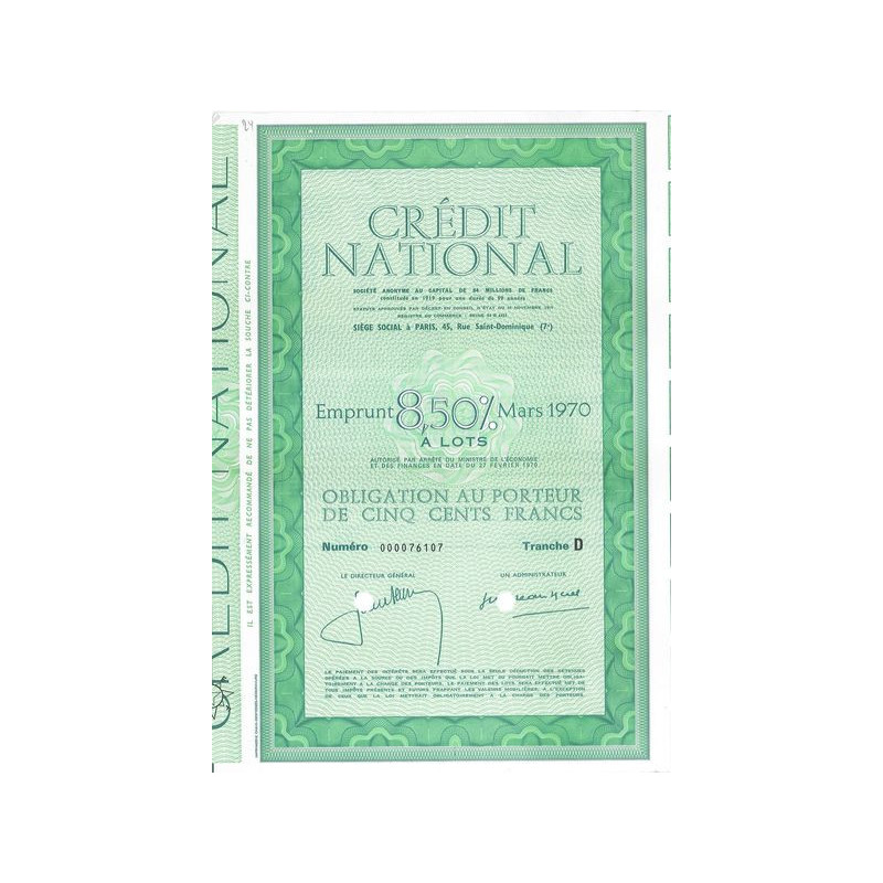 Crédit National - Emprunt 8.5 % Mars 1970 à lots - Tranche D