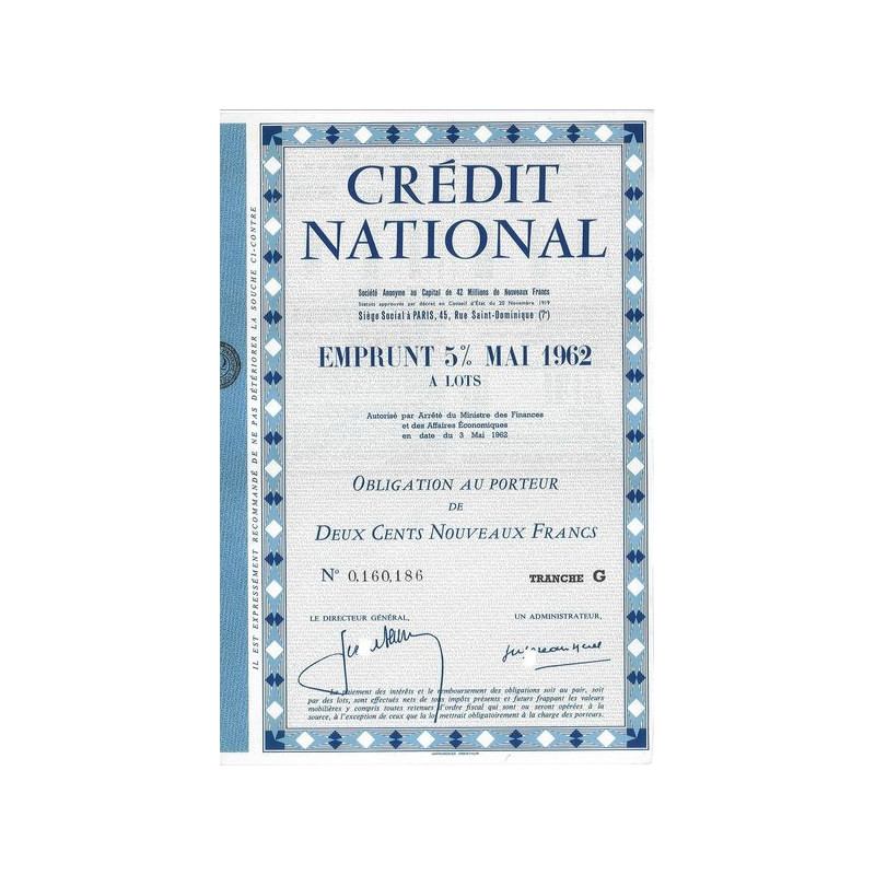 Crédit National - Emprunt 5 % Mai 1962 à lots - Tranche G