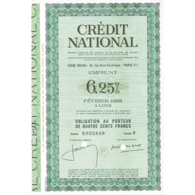 Crédit National - Emprunt 6.25 % Février 1968 à lots - Tranche F