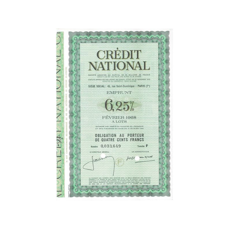 Crédit National - Emprunt 6.25 % Février 1968 à lots - Tranche F