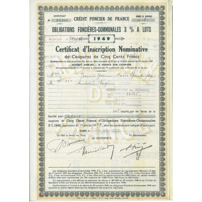 Crédit Foncier de France Obligations Foncières Communales 3% à lots 1949 (Certif)