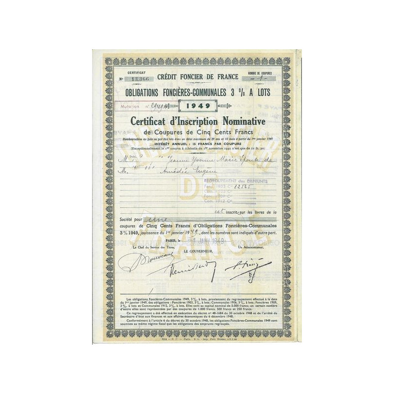 Crédit Foncier de France Obligations Foncières Communales 3% à lots 1949 (Certif)
