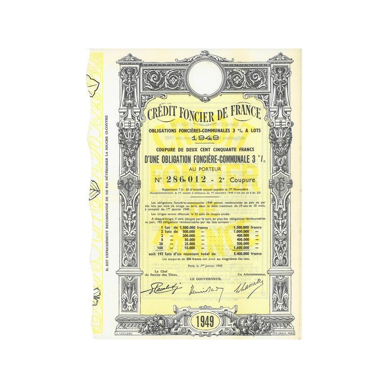 Crédit Foncier de France Obligations Foncières Communales 3% à lots 1949 (250 F)