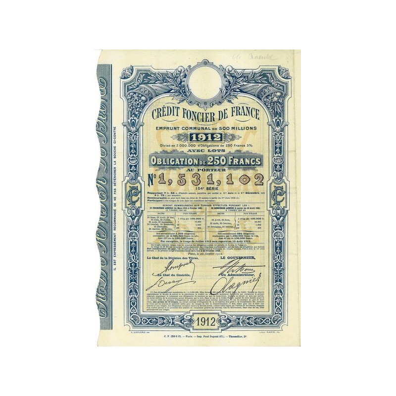 Crédit Foncier de France Emprunt Communal de 500 Millions 1912