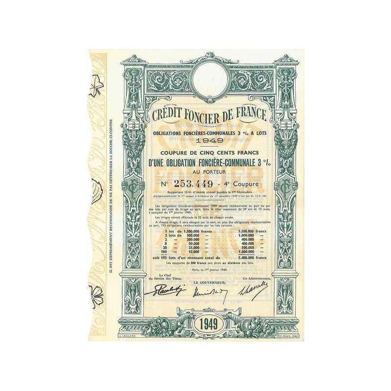 Crédit Foncier de France Obligations Foncières Communales 3% à lots 1949 (500 F)