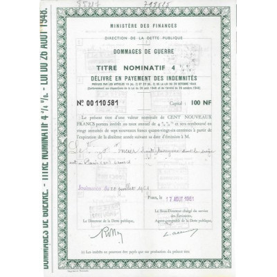 Ministère des Finances - Direction de la Dette Publique - Dommage de Guerre