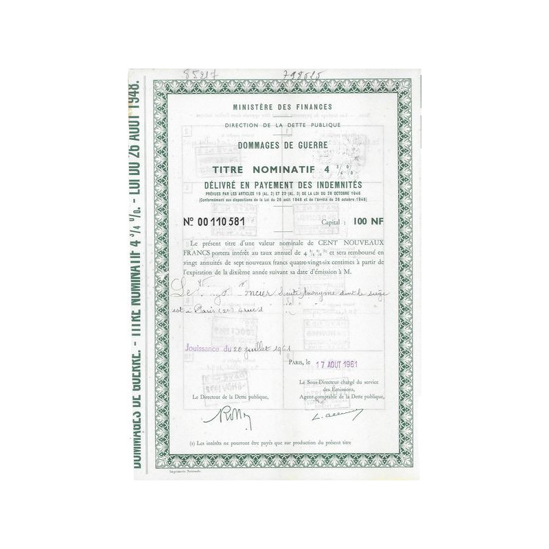 Ministère des Finances - Direction de la Dette Publique - Dommage de Guerre