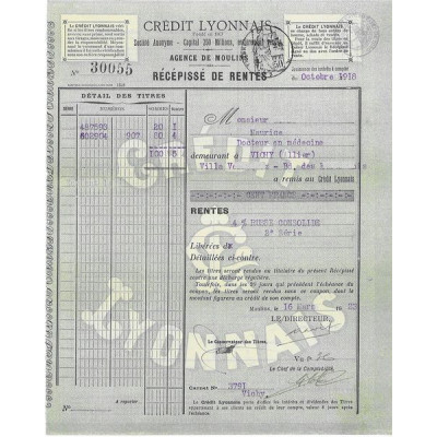 Crédit Lyonnais - Récépissé de Rentes