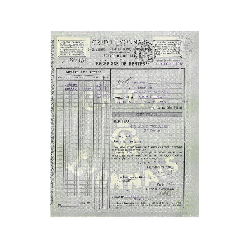 Crédit Lyonnais - Récépissé de Rentes