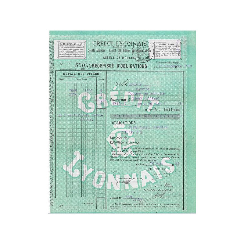 Crédit Lyonnais - Récépissé d'Obligations