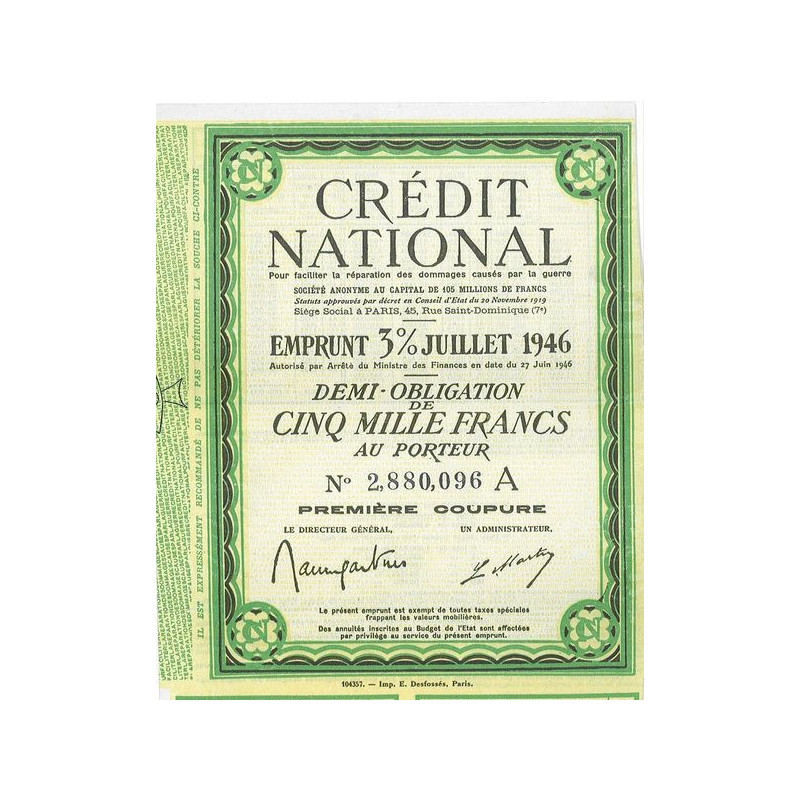 Crédit National - Emprunt 3 % Juillet 1946