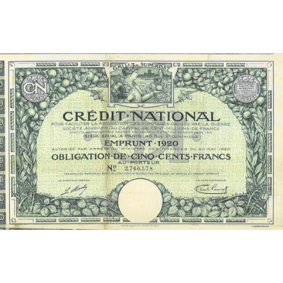 Crédit National - Emprunt 1920 pour Faciliter la Réparation des Dommages Causés par la Guerre
