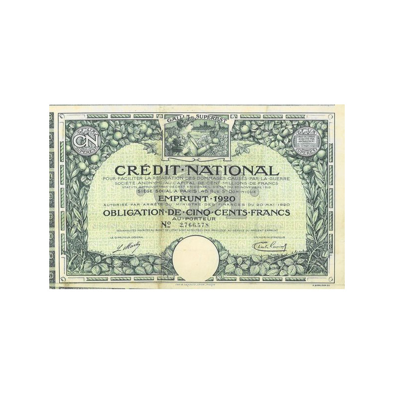 Crédit National - Emprunt 1920 pour Faciliter la Réparation des Dommages Causés par la Guerre