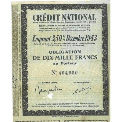 Crédit National - Emprunt 3.5 % Décembre 1943