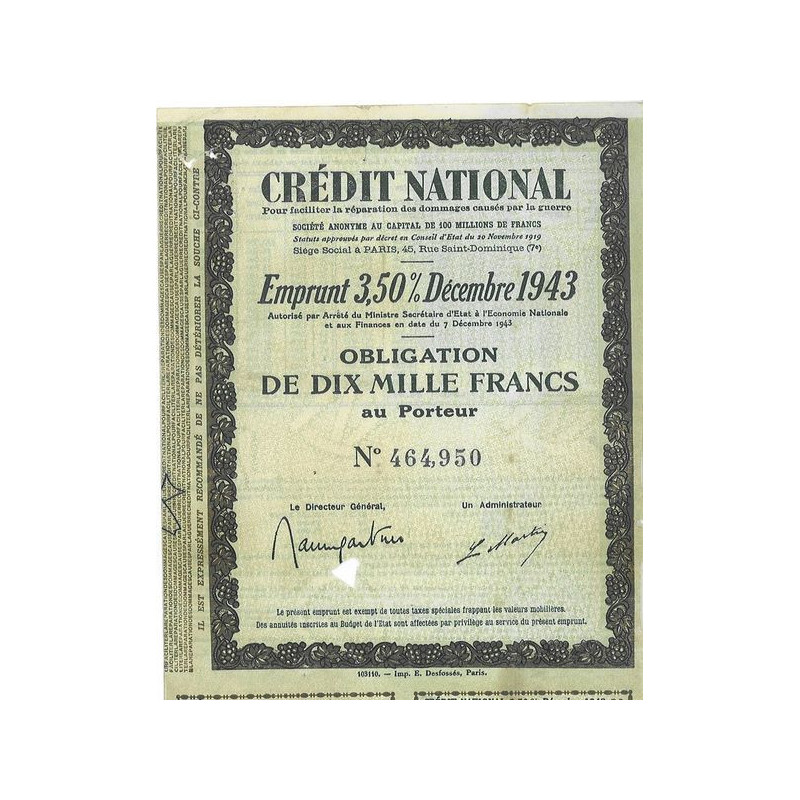 Crédit National - Emprunt 3.5 % Décembre 1943