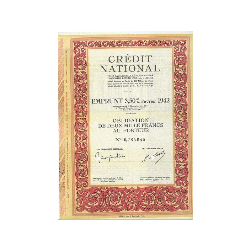 Crédit National - Emprunt 3.5 % Février 1942 (Obl 2000 F)