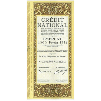 Crédit National - Emprunt 3.5 % Février 1942 (Coupure 10000 F)