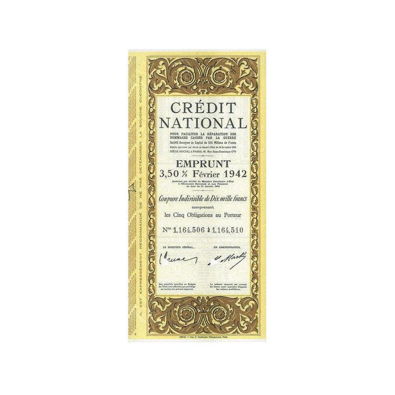 Crédit National - Emprunt 3.5 % Février 1942 (Coupure 10000 F)