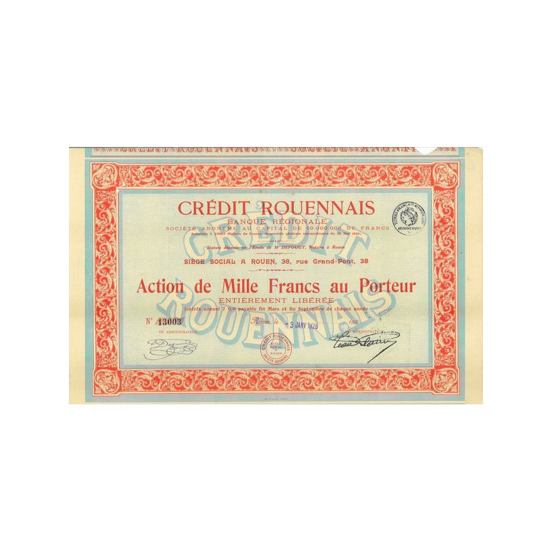 Crédit Rouennais - Banque Régionale (Act 1000 F) 1928