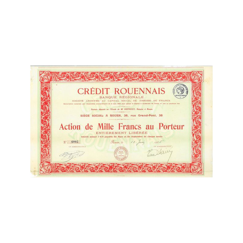 Crédit Rouennais - Banque Régionale (Act 1000 F) 1925