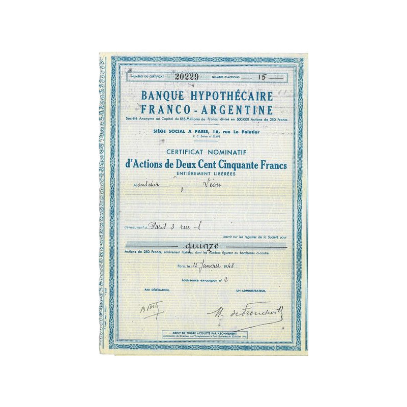 Banque Hypothécaire Franco-Argentine (Certif)