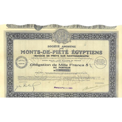 Société Anonyme des Monts-de-Piété Egyptiens (Banque de Prêts sur Nantissements) (Obl)
