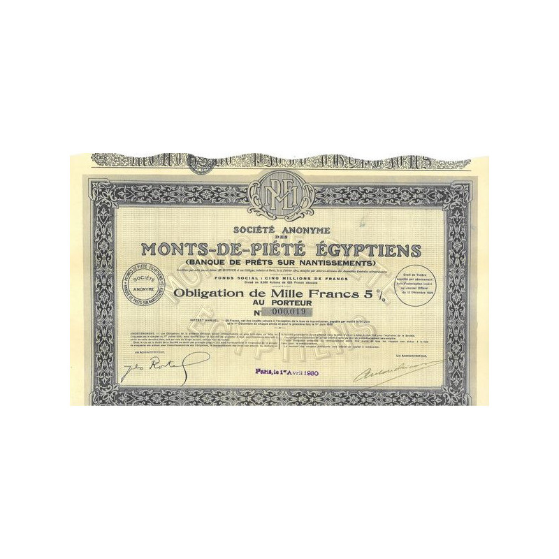 Société Anonyme des Monts-de-Piété Egyptiens (Banque de Prêts sur Nantissements) (Obl)