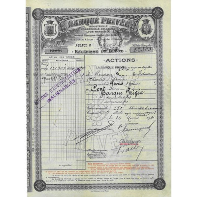 Banque Privée Industrielle Commerciale Coloniale Lyon-Marseille (Act nomin)
