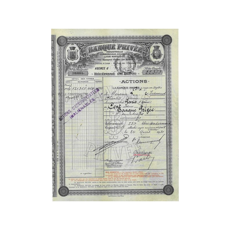 Banque Privée Industrielle Commerciale Coloniale Lyon-Marseille (Act nomin)