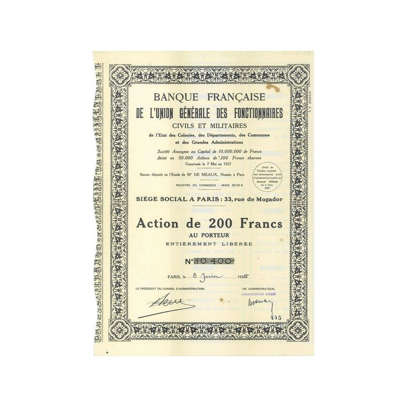 Banque Française de l'Union Générale des Fonctionnaires Civils & Militaires de l'Etat des Colonies des Départements des Communes