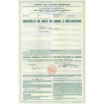 Banque de l'Union Parisienne Certif bons de Droit à Répartition pour la Compagnie Française de Tramways et d'Eclairage Electriqu