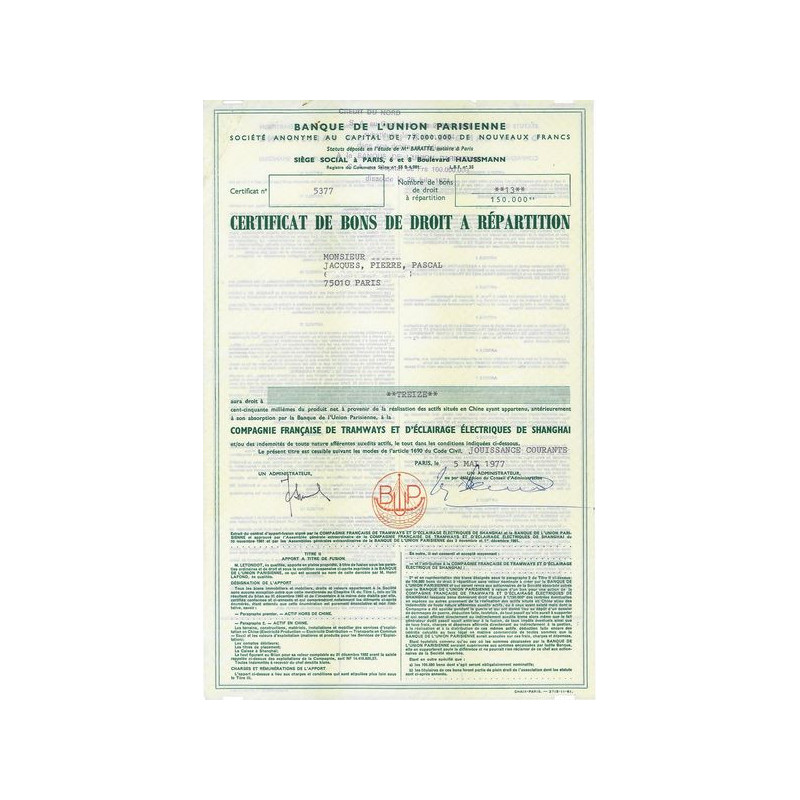 Banque de l'Union Parisienne Certif bons de Droit à Répartition pour la Compagnie Française de Tramways et d'Eclairage Electriqu