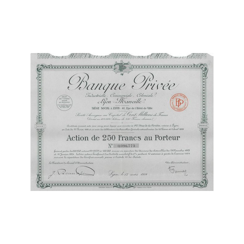 Banque Privée Industrielle Commerciale Coloniale Lyon-Marseille (Act 250 F) (modèle 1)