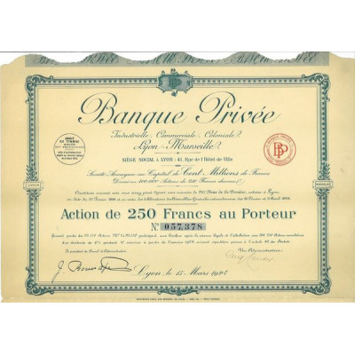 Banque Privée Industrielle Commerciale Coloniale Lyon-Marseille (Act 250 F) (modèle 2)