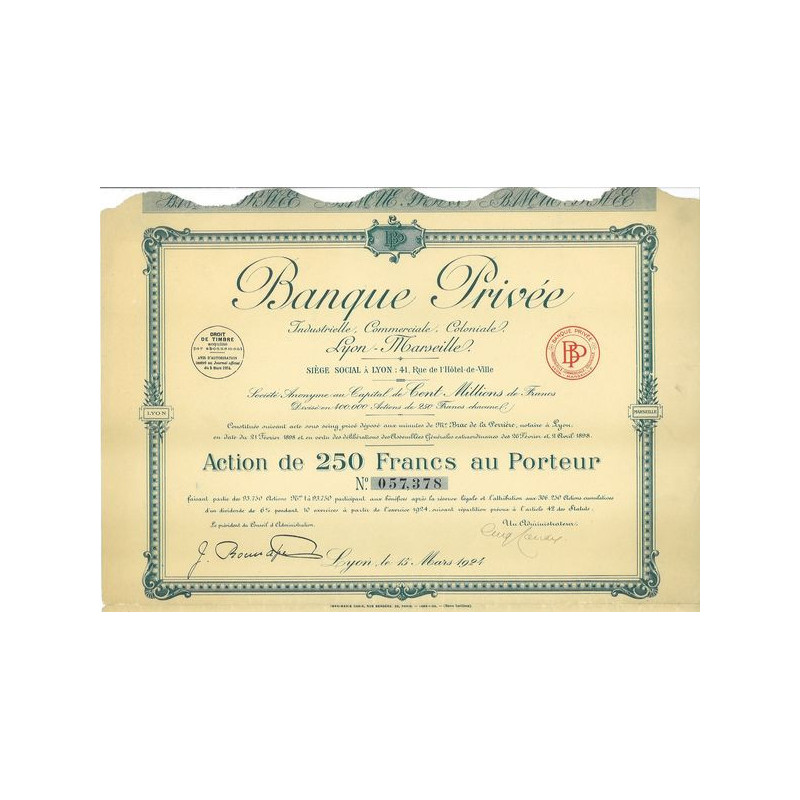 Banque Privée Industrielle Commerciale Coloniale Lyon-Marseille (Act 250 F) (modèle 2)