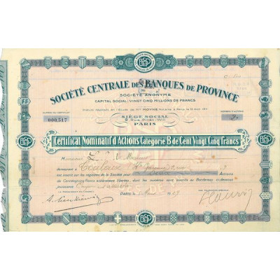 Société Centrale des Banques de Province (Certif nomin)