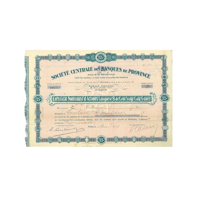 Société Centrale des Banques de Province (Certif nomin)