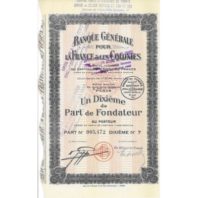 Banque Générale pour la France et les Colonies (1/10ème PF)